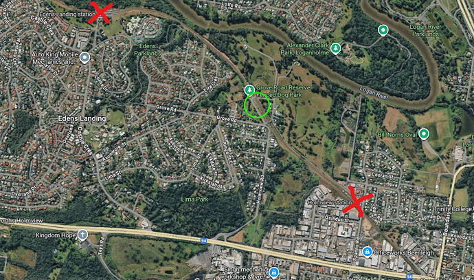 Photo of the Holmview and Edens Landing area with my proposed new station location circled.