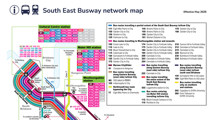 South East Busway map, effective May 2025, showing routes running via the busway