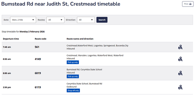 Stop timetable - Bumstead Rd near Judith St, Crestmead.