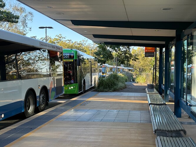 Bus line up at Griffith University Busway Station, Platform 1 at 8:00am.