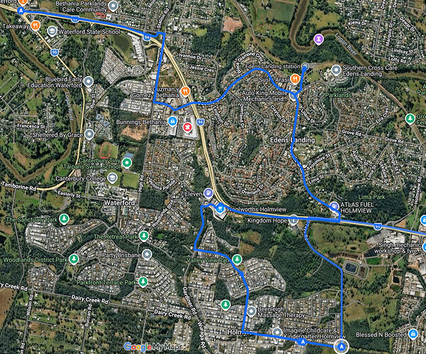 Map of possible route from Loganlea towards Beenleigh.