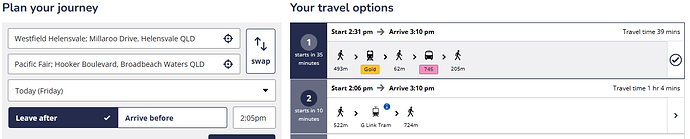 Journey planner screenshot from Translink Website.