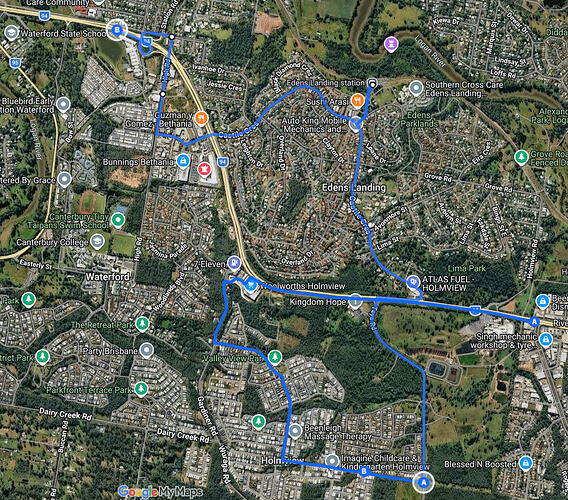 Map of possible route from Beenleigh towards Loganlea.