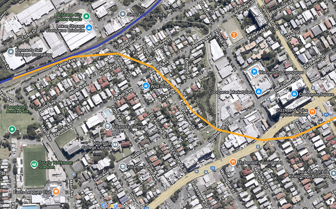Google Map with yellow line representing potential tunnel to Carindale