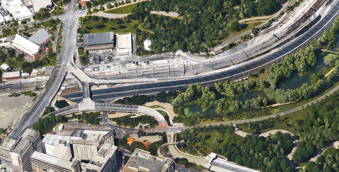 Close up of Olympic Stadium aerial render focusing on pathway between Exhibition Station and Gilchrist Avenue.