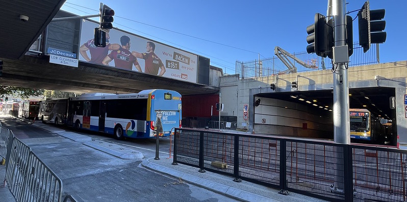 Buses queue at the exit of the South East Busway, Brisbane