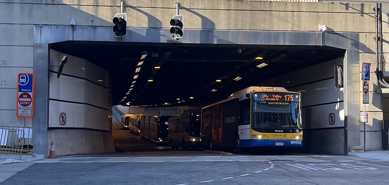 Buses queue at the exit of the South East Busway, Brisbane