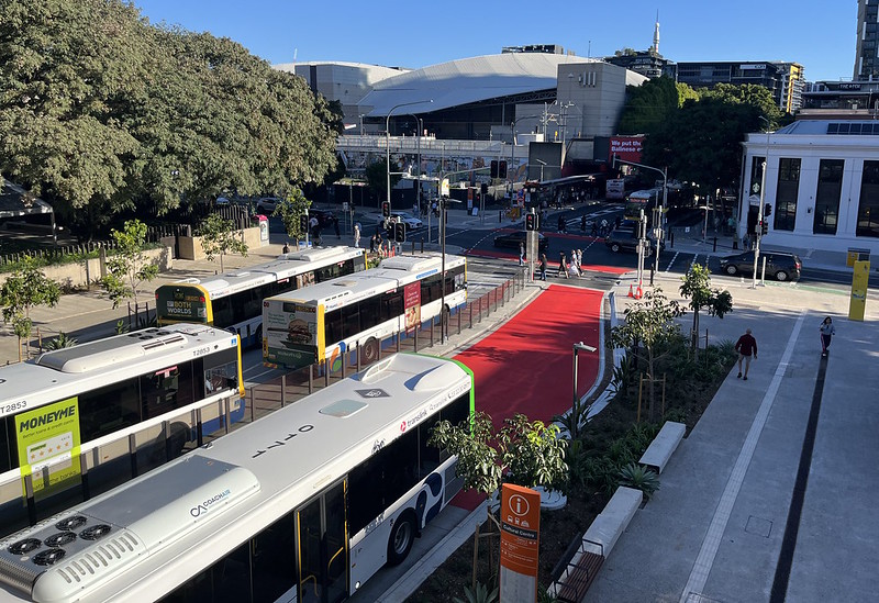 Buses at Cultural Centre queue to enter the South East Busway, or head further south, Brisbane